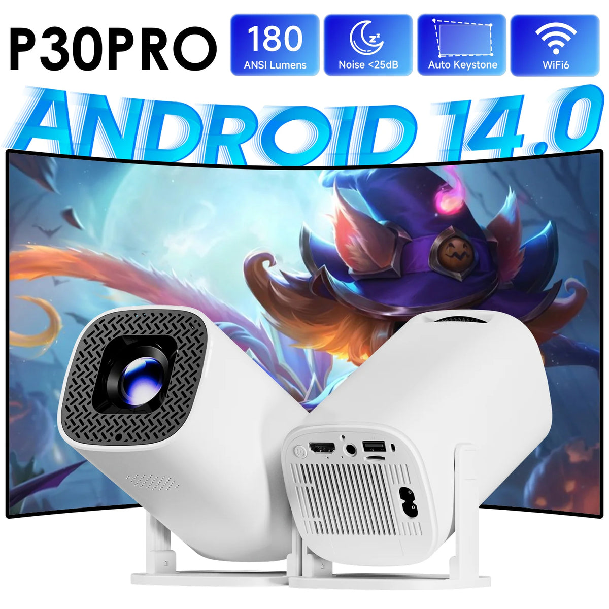 Projektor Mini Smart P30PRO Android 14 WiFi6 BT 5.0 – Obsługa 4K 1280×720P, Mirroring, Kino Domowe
